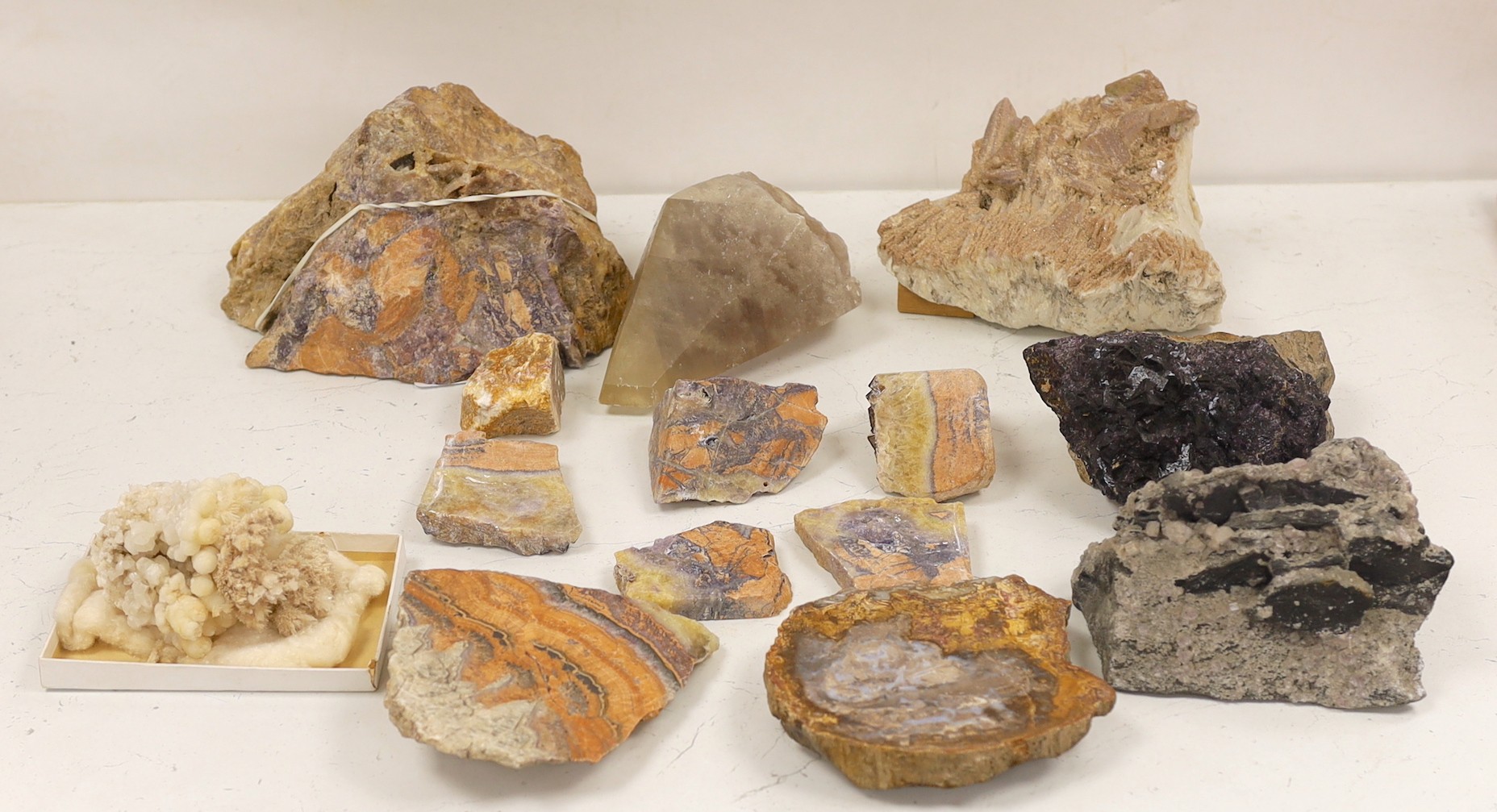 A large amethyst quartz in white, quartz matrix, other similar fragments and petrified wood, etc.